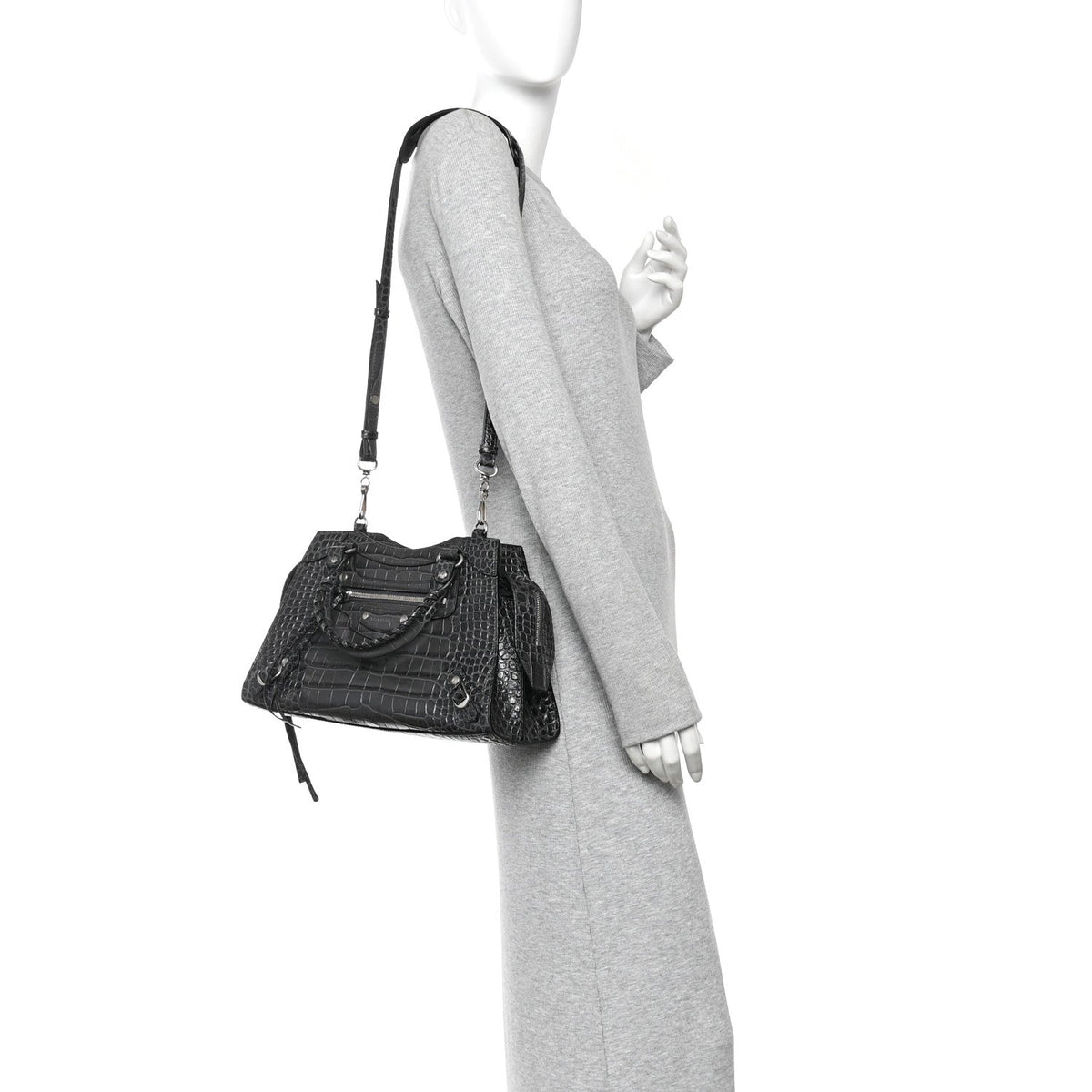 Shiny Supple Calfskin Crocodile Embossed Neo Classic Silver Hardware S City Dark Grey
