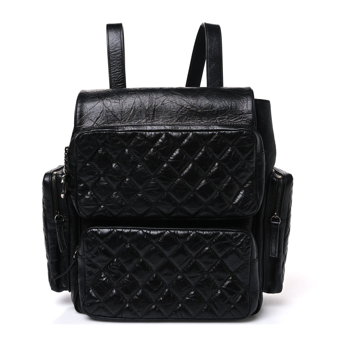 Grained Calfskin Quilted Large Casual Rock Backpack Black