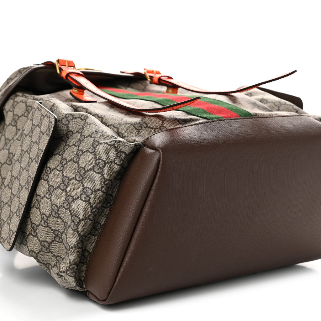 GG Supreme Monogram Medium Ophidia Double Buckle Backpack Beige Ebony Neon Orange