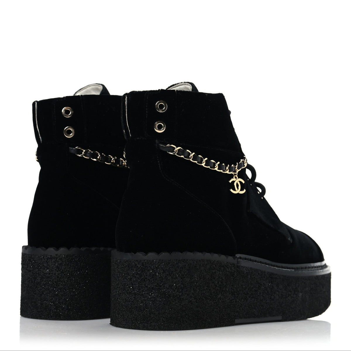 Velvet Chain Lace Up CC Short Boots 37 Black