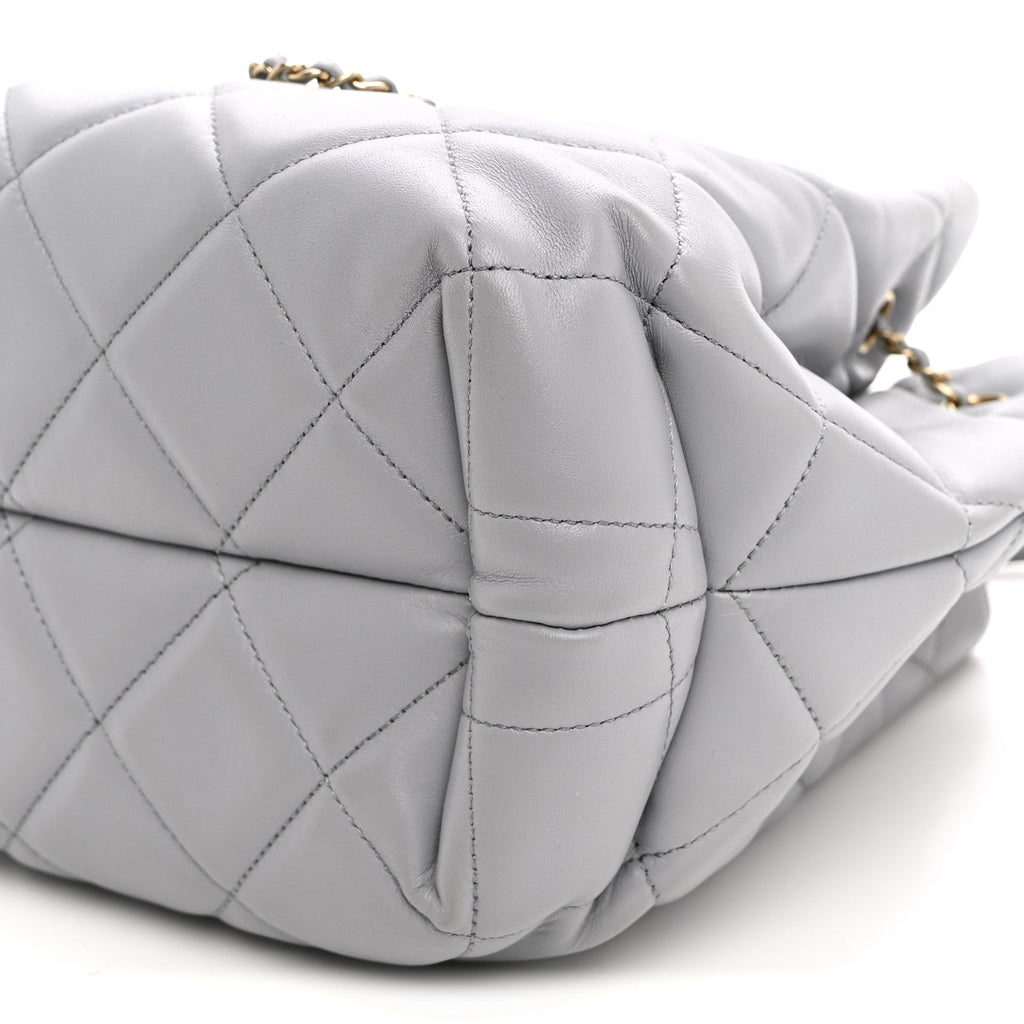 Lambskin Quilted CC Dweller Drawstring Bucket Bag Light Grey