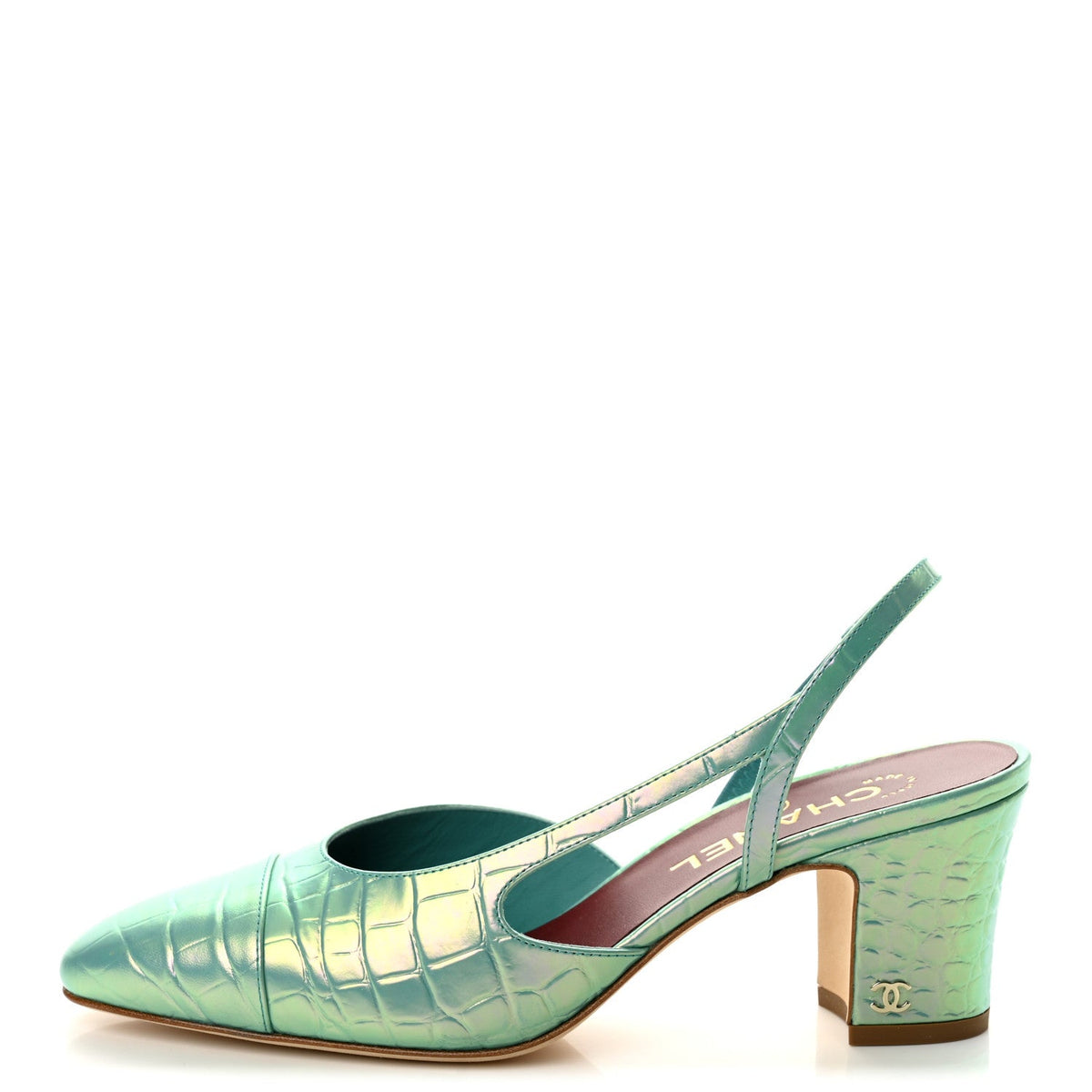 Iridescent Calfskin Crocodile CC Slingback Pumps 38 Green