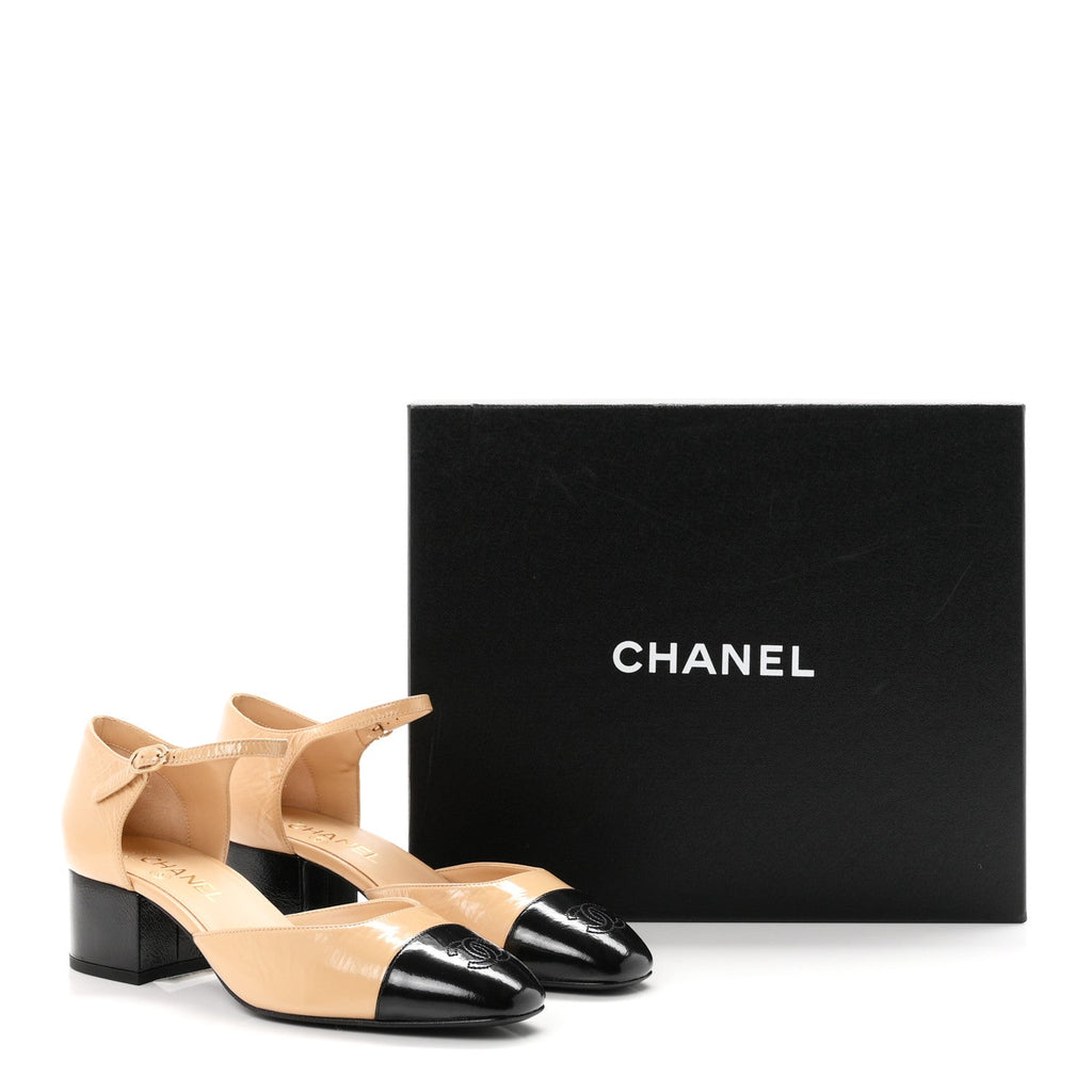 Shiny Lambskin CC Cap Toe Mary Janes Pumps 39 Beige Black