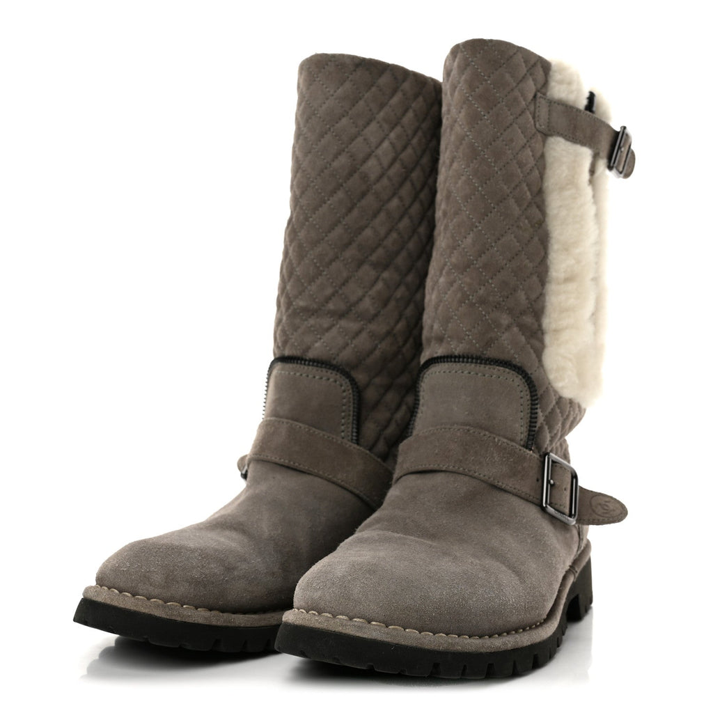 Shearling Suede Calfskin Quilted High Biker Boots 40 Grey