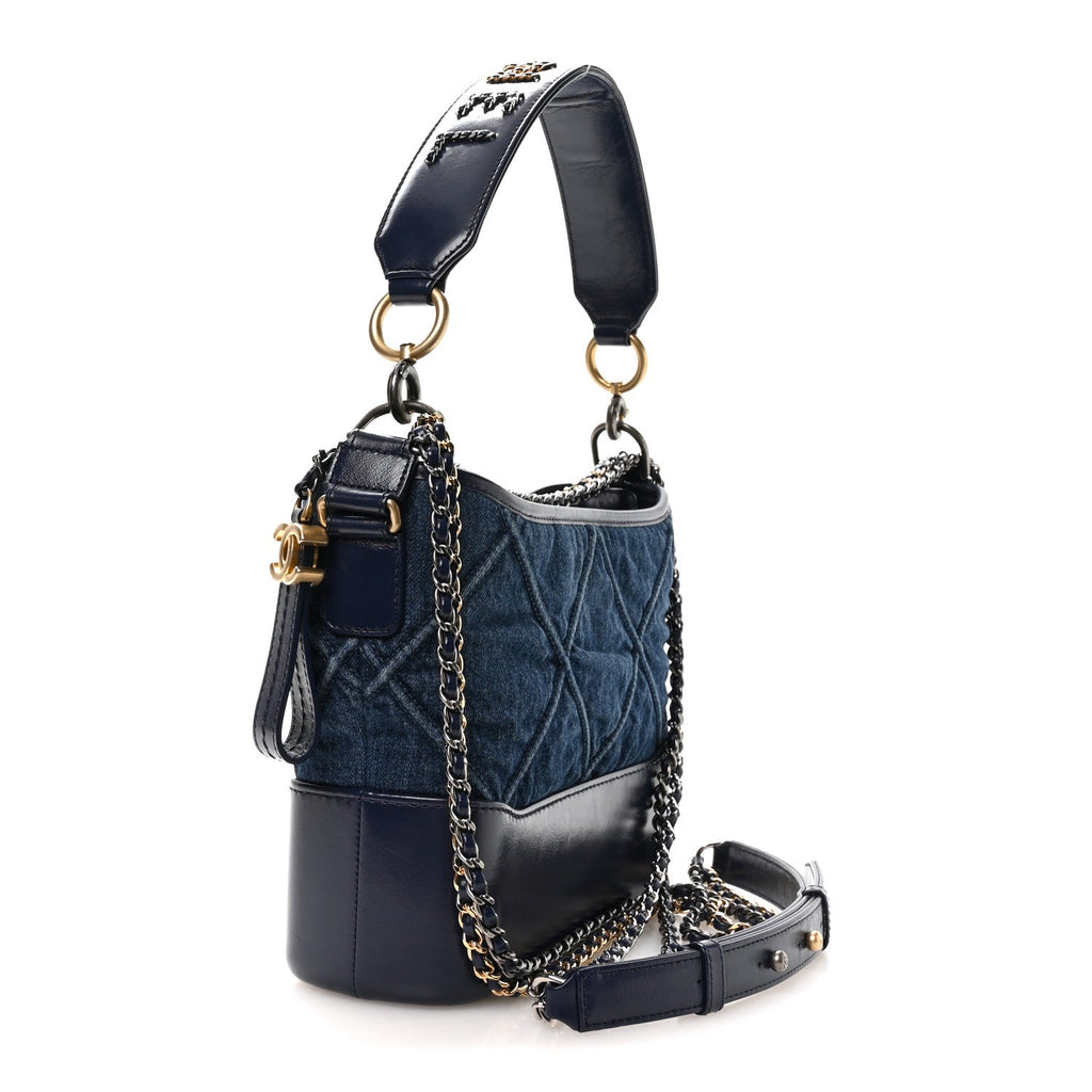 Denim Calfskin Quilted Medium Gabrielle Logo Hobo Blue