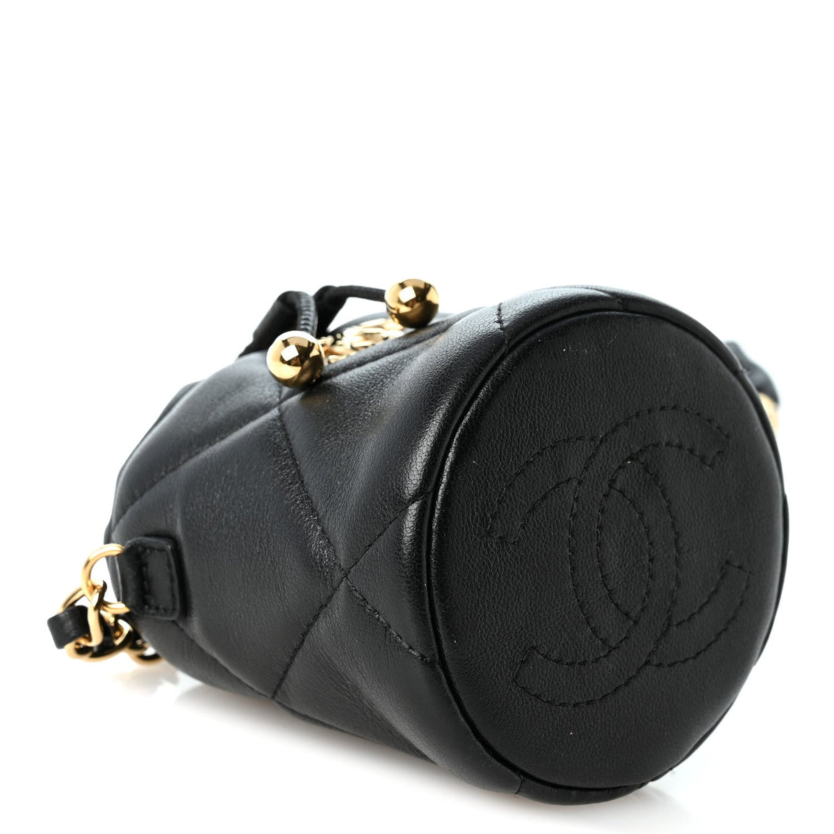 Calfskin Quilted Mini Drawstring Bucket Bag Black