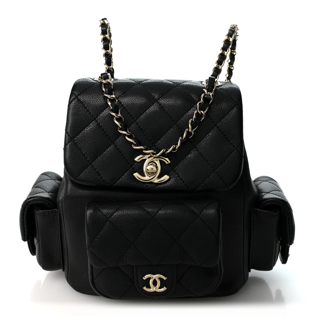 Shiny Caviar Quilted Small Pockets Drawstring Backpack Black