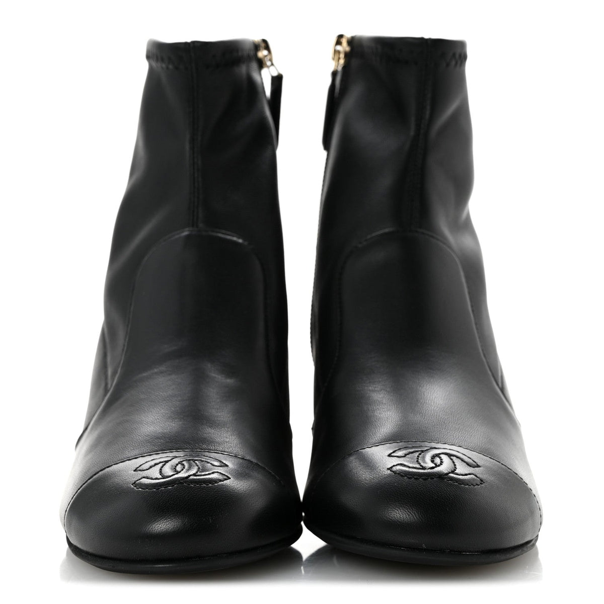 Stretch Lambskin Cap Toe CC Uniform Short Boots 35 Black