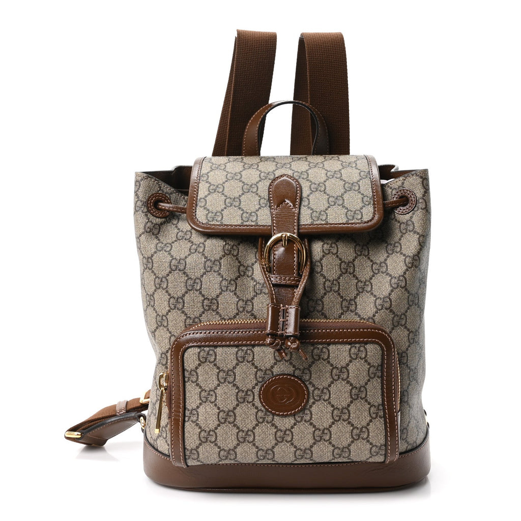 GG Supreme Monogram Azalea Calfskin Retro Interlocking G Buckle Backpack Beige Ebony Brown Sugar