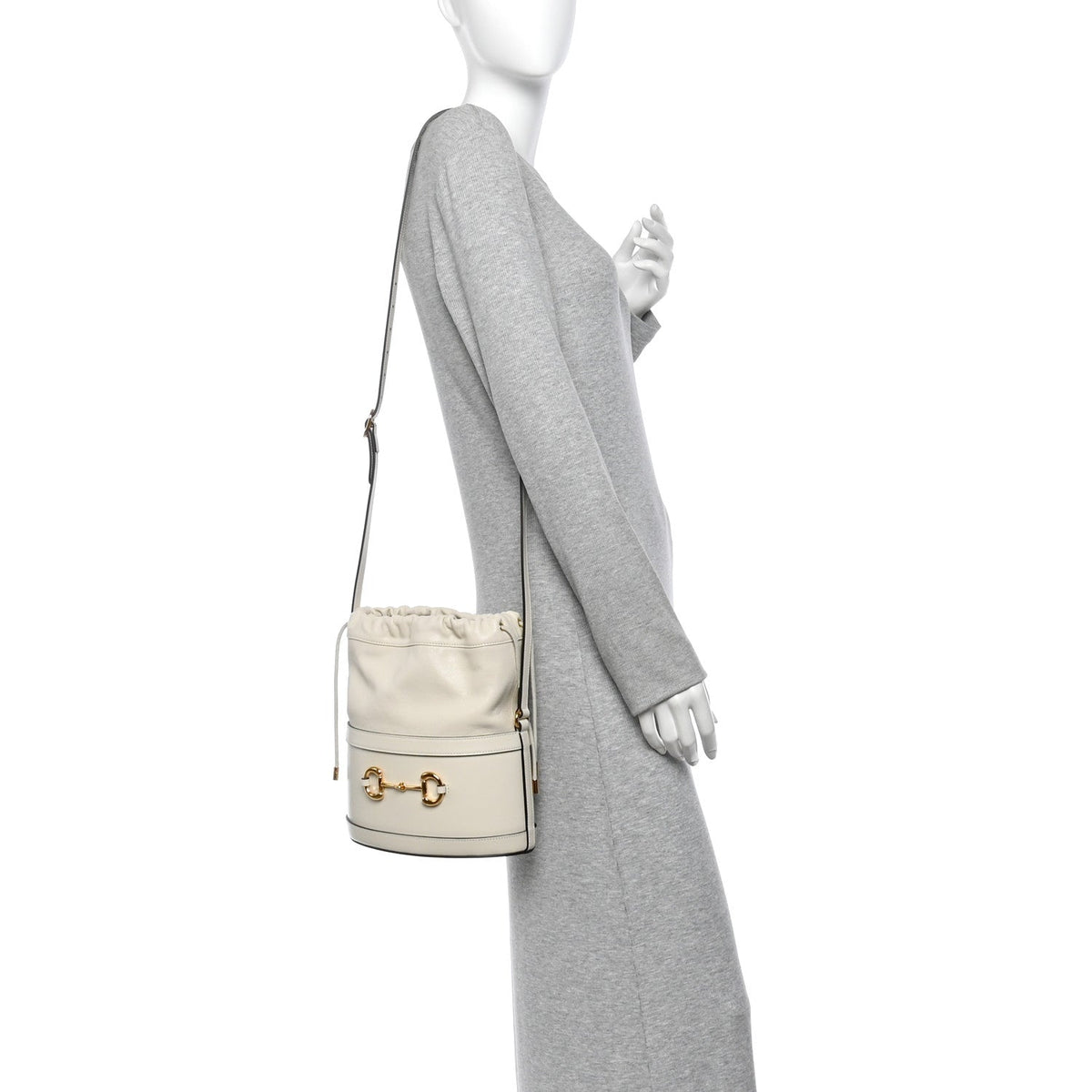 Azalea Sakai Calfskin Horsebit 1955 Drawstring Bucket Bag Mystic White