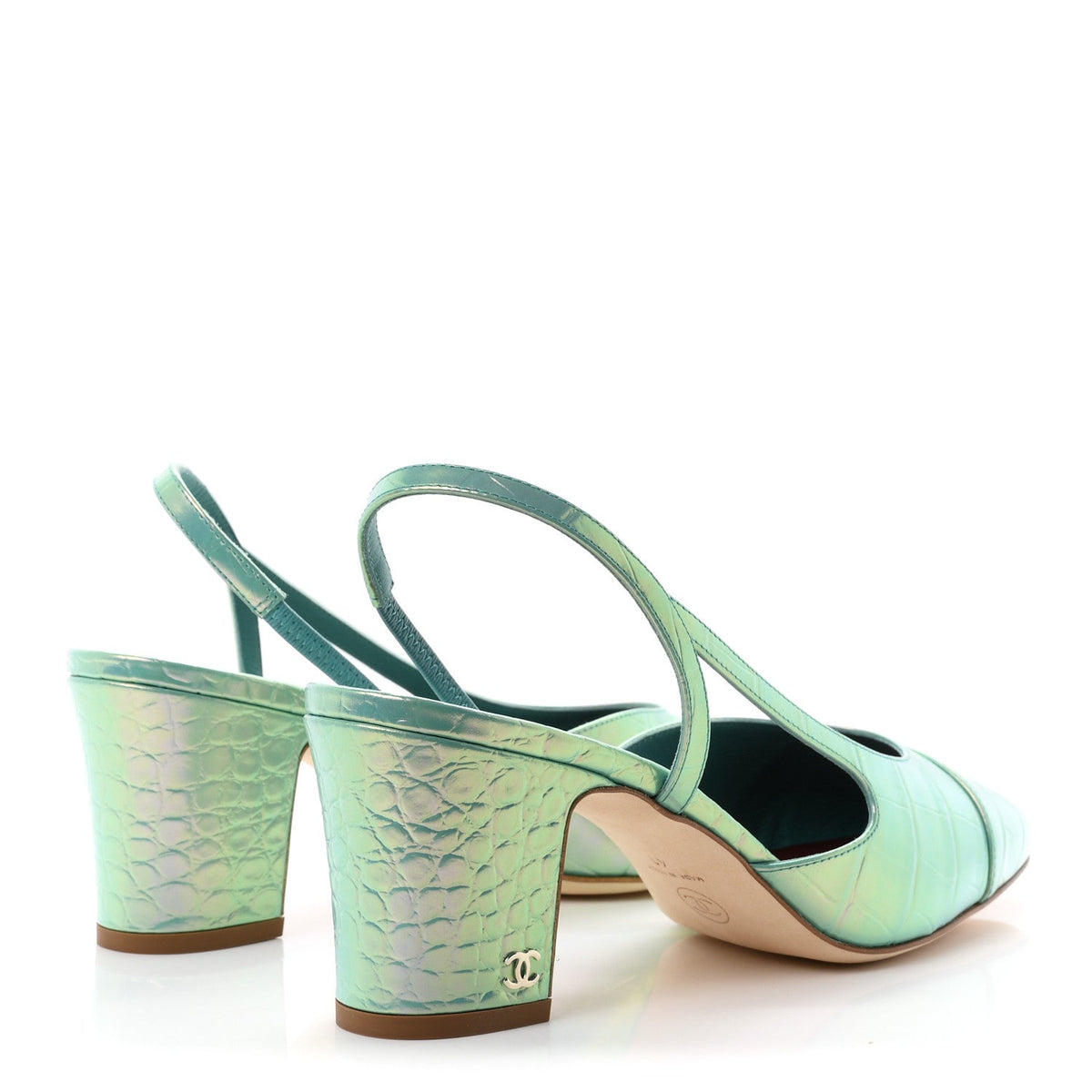 Iridecent Calfskin Crocodile Embossed CC Cap Toe CC Slingback Pumps 41 Green