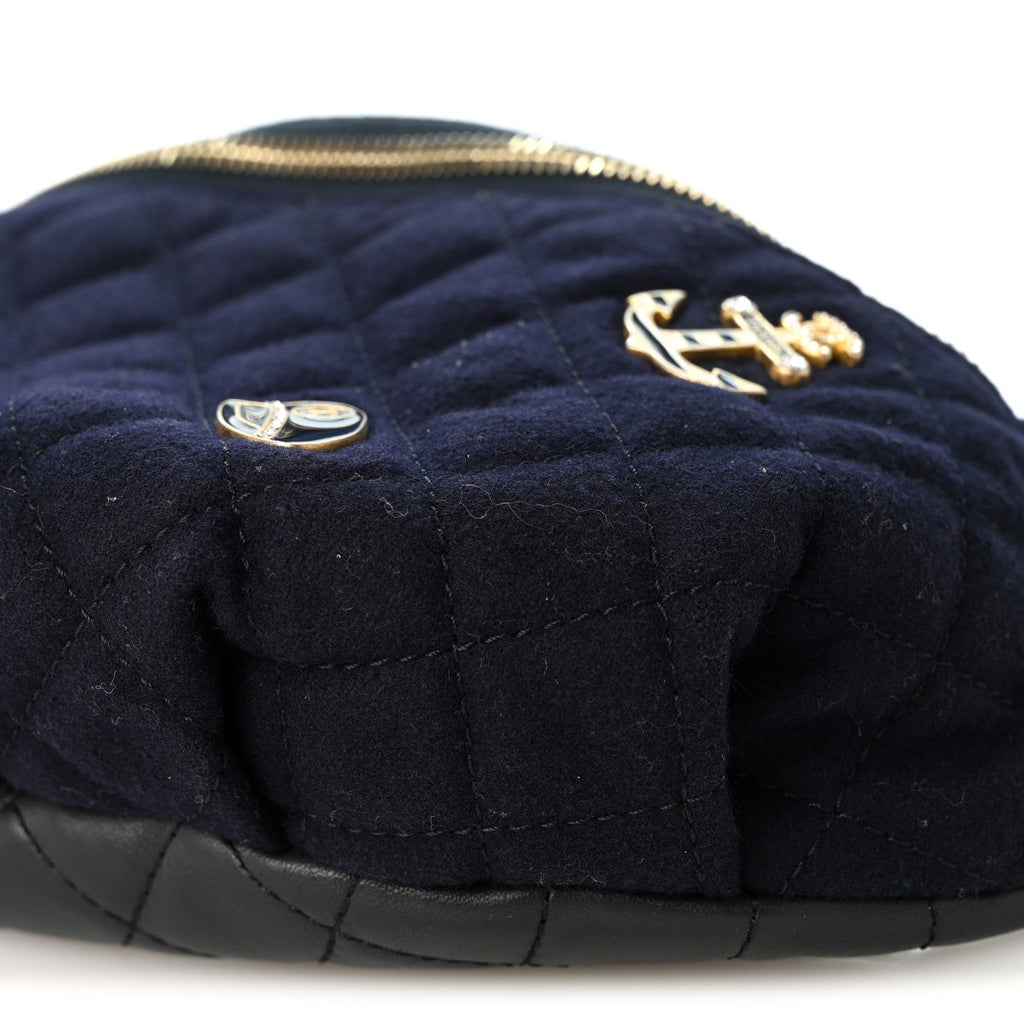 Wool Lambskin Quilted Paris Hamburg Charms Waist Bag Dark Navy