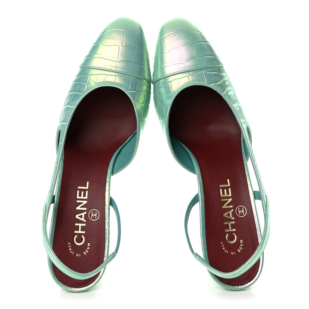 Iridescent Calfskin Crocodile CC Slingback Pumps 38 Green