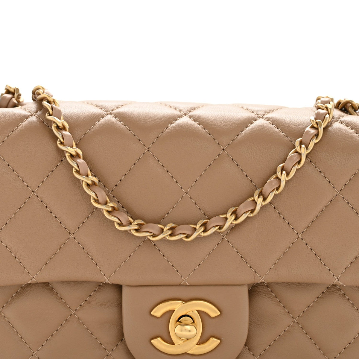 Lambskin Quilted Mini Rectangular Pearl Crush Flap Beige