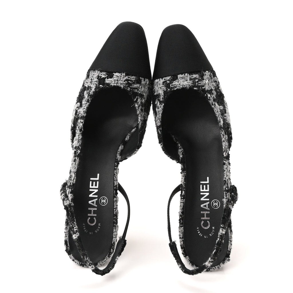 Tweed Grosgrain Cap Toe CC Slingback Pumps 41.5 Black Grey