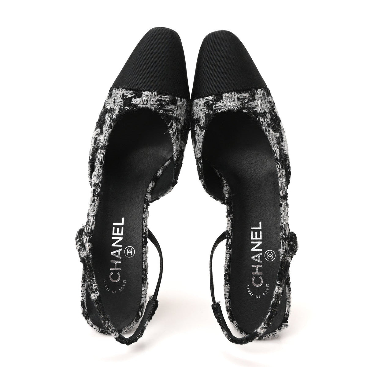 Tweed Grosgrain Cap Toe CC Slingback Pumps 41.5 Black Grey