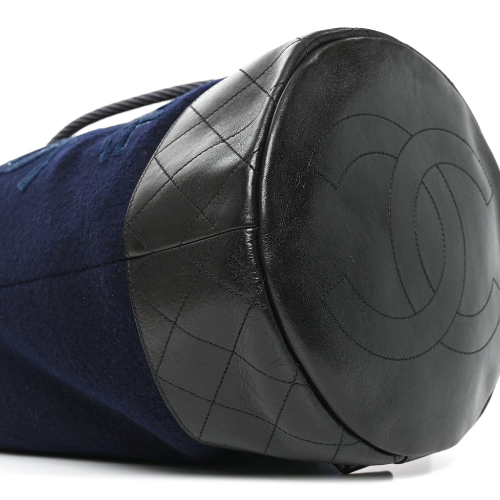 Wool Calfskin Embroidered Paris Hamburg Drawstring Backpack Navy Blue