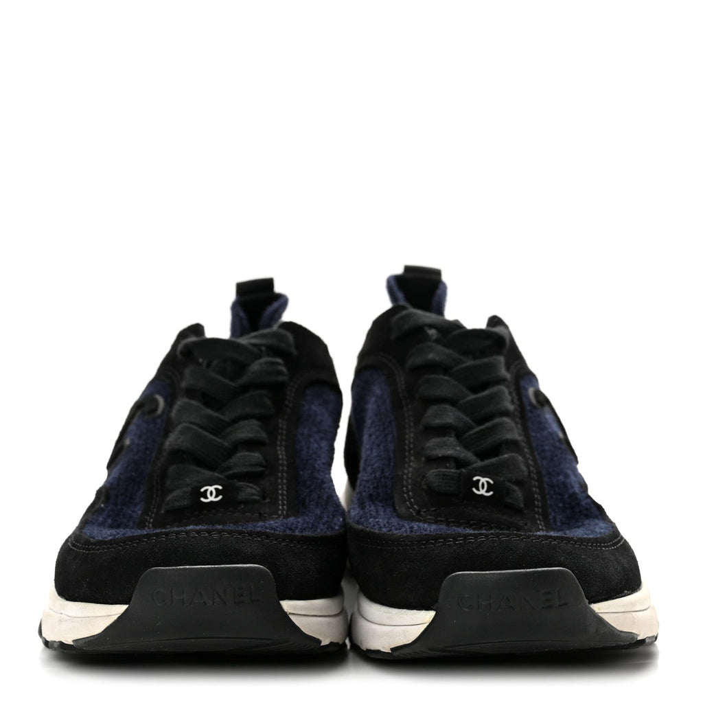 Knit Fabric Suede Calfskin Womens CC Sneakers 37.5 Navy Black