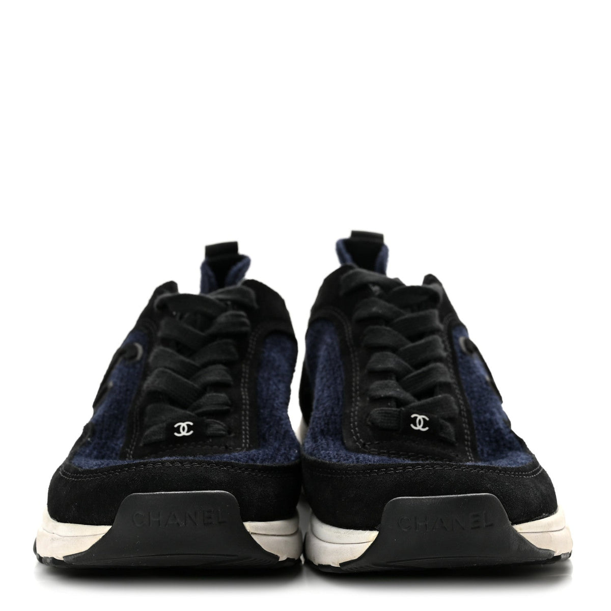 Knit Fabric Suede Calfskin Womens CC Sneakers 37.5 Navy Black