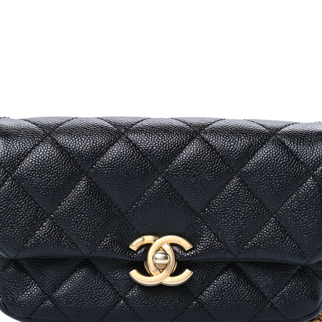 Shiny Caviar Quilted Chain Melody Waist Belt Bag Black