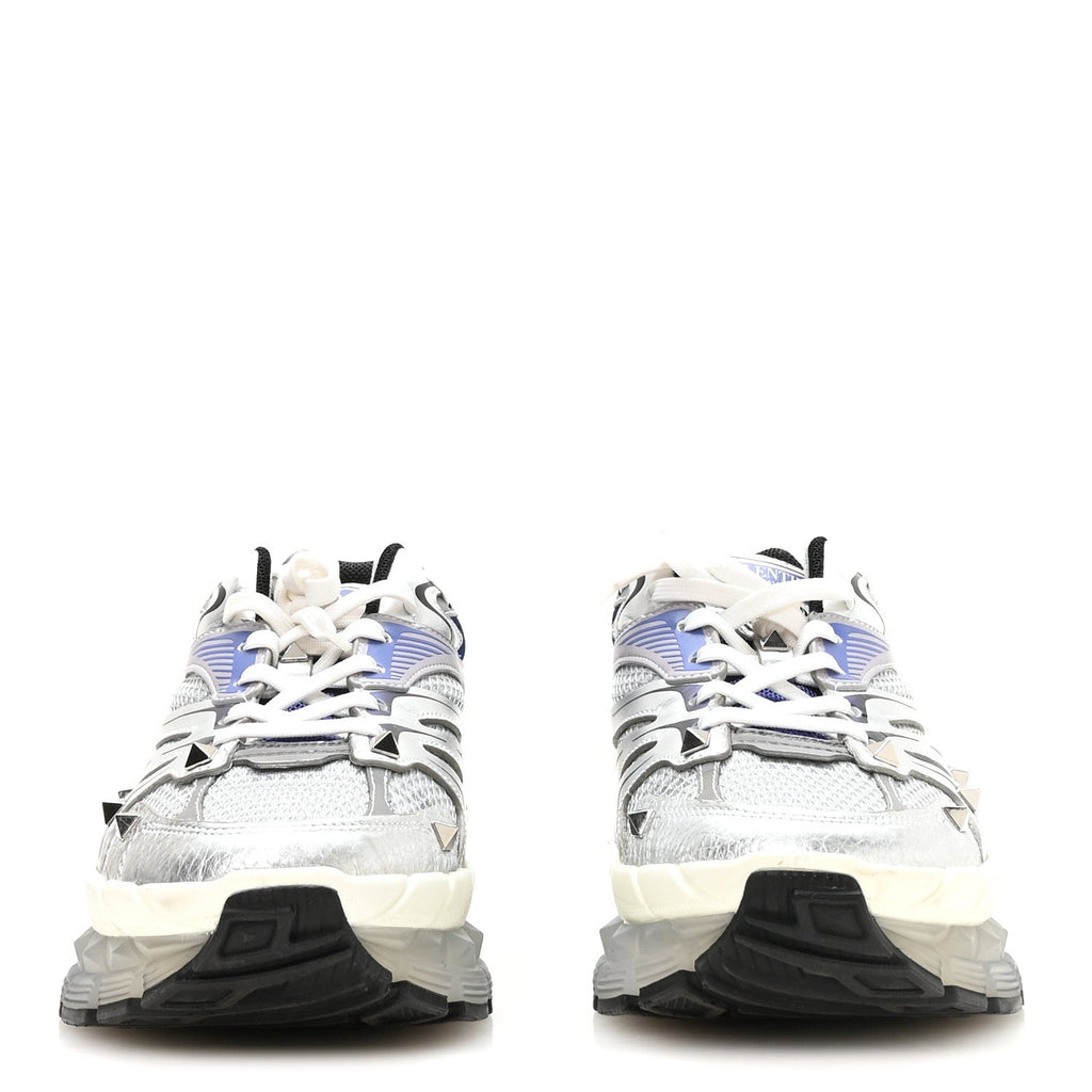 Mesh Calfskin Rockstud Womens Platform Sneakers 40 Silver Multicolor