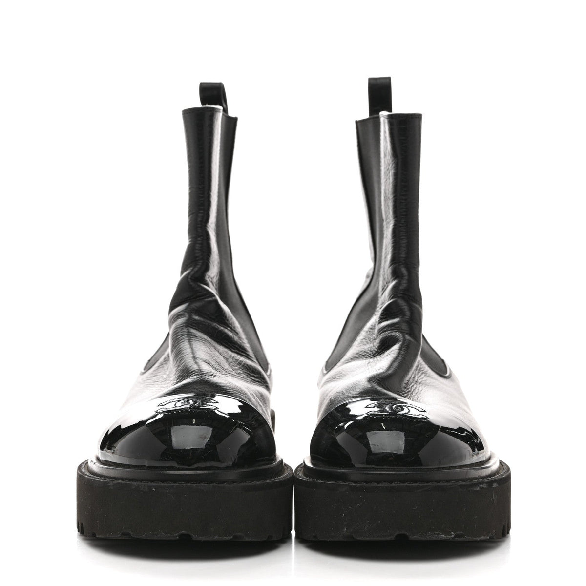 Crumpled Calfskin Patent Cap Toe Short Boots 39.5 Black