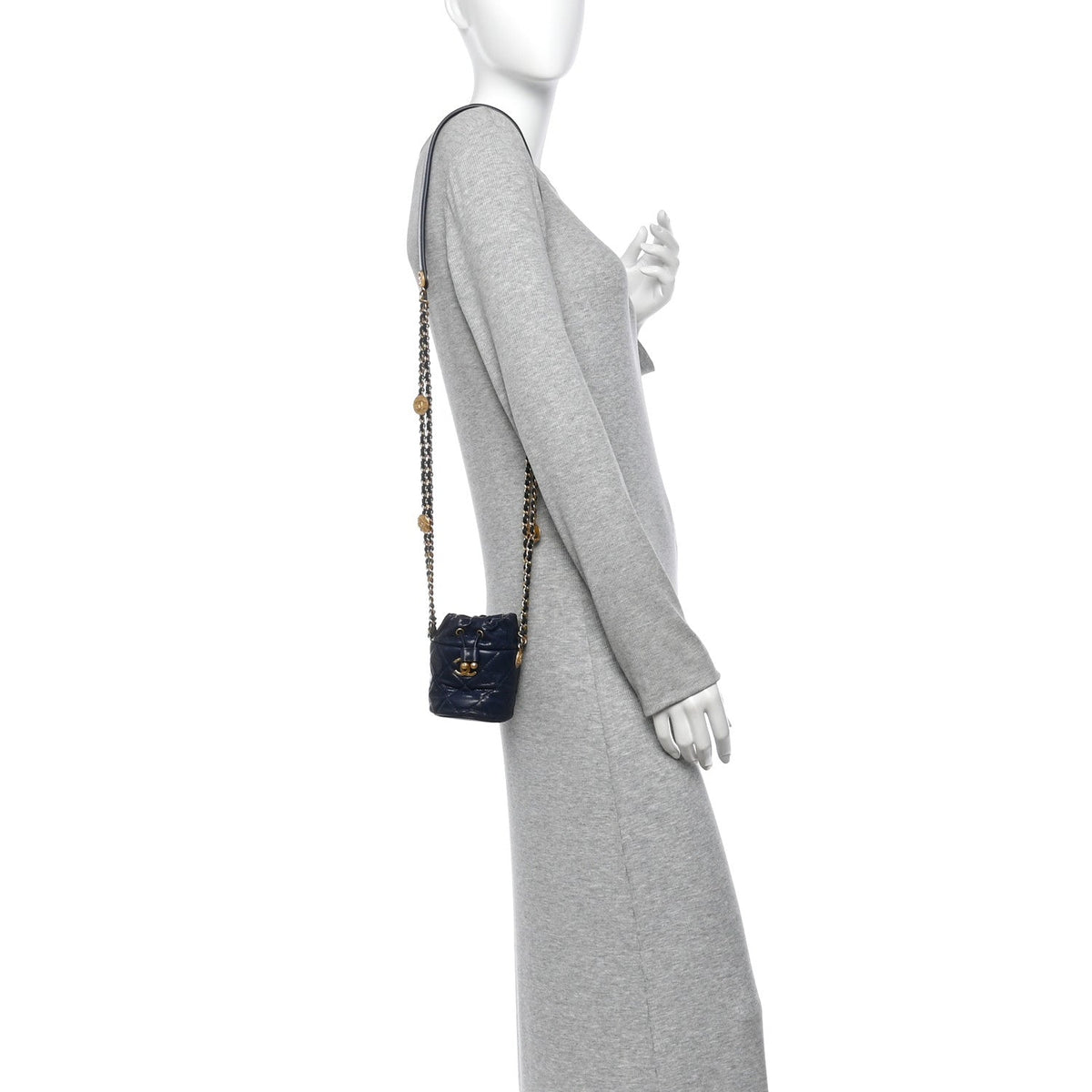 Caviar Quilted Twist Your Buttons Mini Bucket Bag Navy