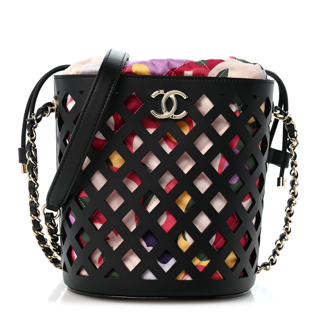 Lambskin Sea Through Bucket Drawstring Bag Black Multicolor