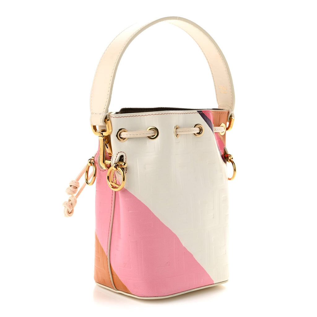 Vitello King F is Fendi FF Embossed Striped Mini Mon Tresor Bucket Bag Light Rose Multicolor White Ice