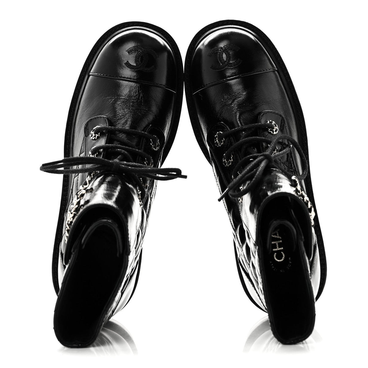 Shiny Lambskin Quilted Lace Up Combat Boots 38.5 Black