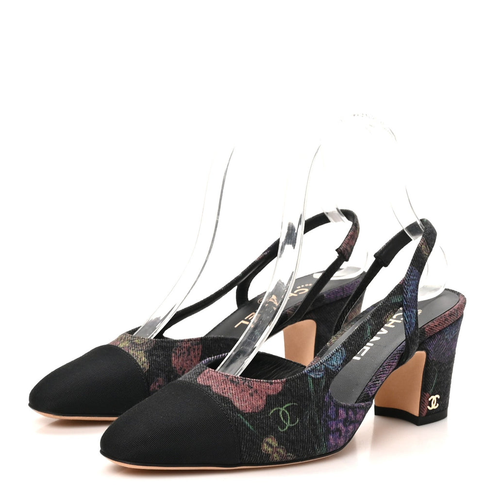 Denim Grosgrain Cap Toe CC Slingback Pumps 37 Charcoal Multicolor