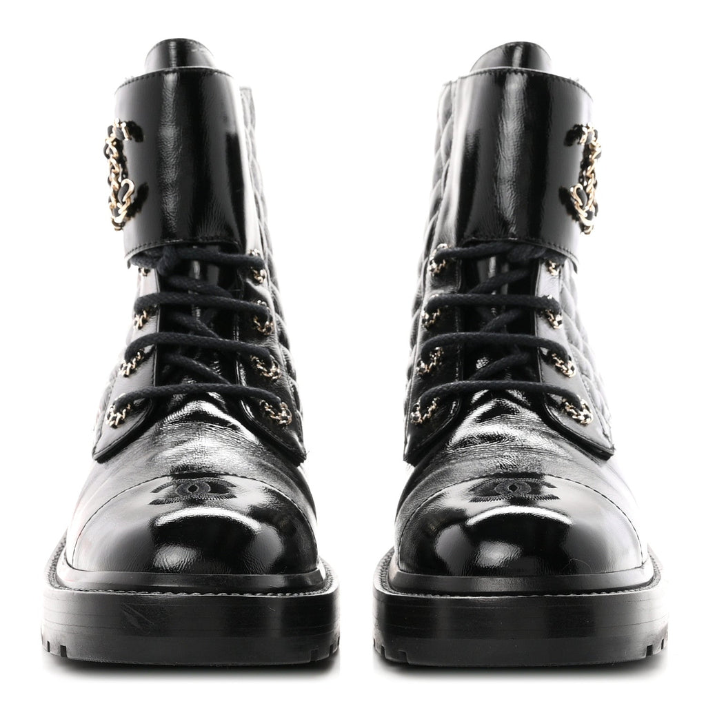 Shiny Calfskin Quilted Lace Up Combat Boots 40.5 Black