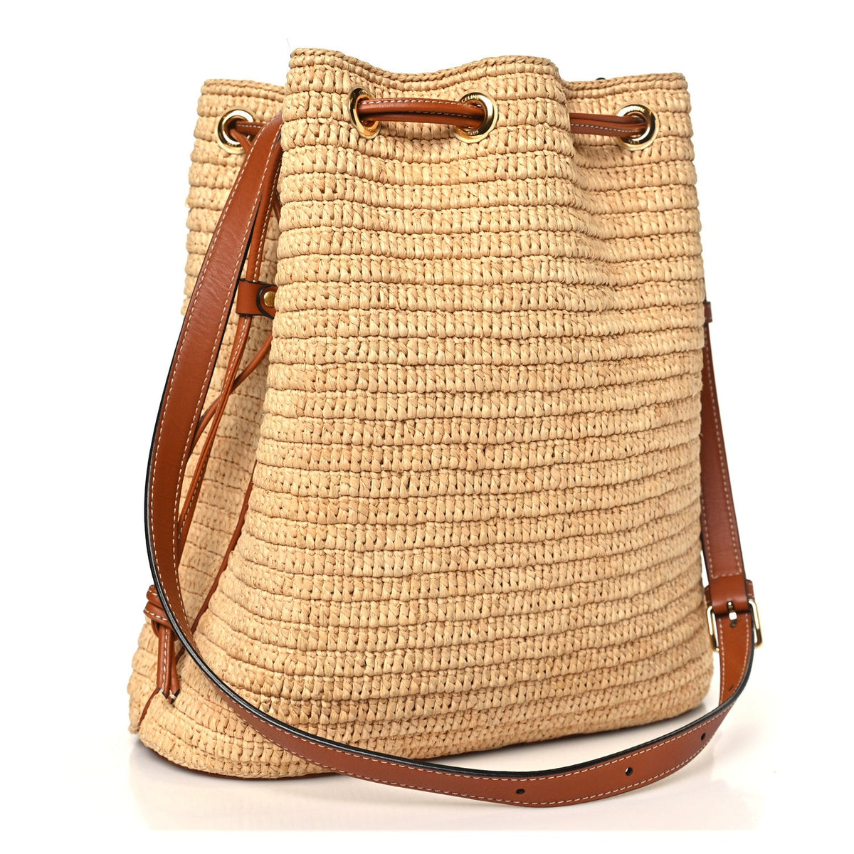 Raffia Calfskin Triomphe Drawstring Bucket Natural Tan