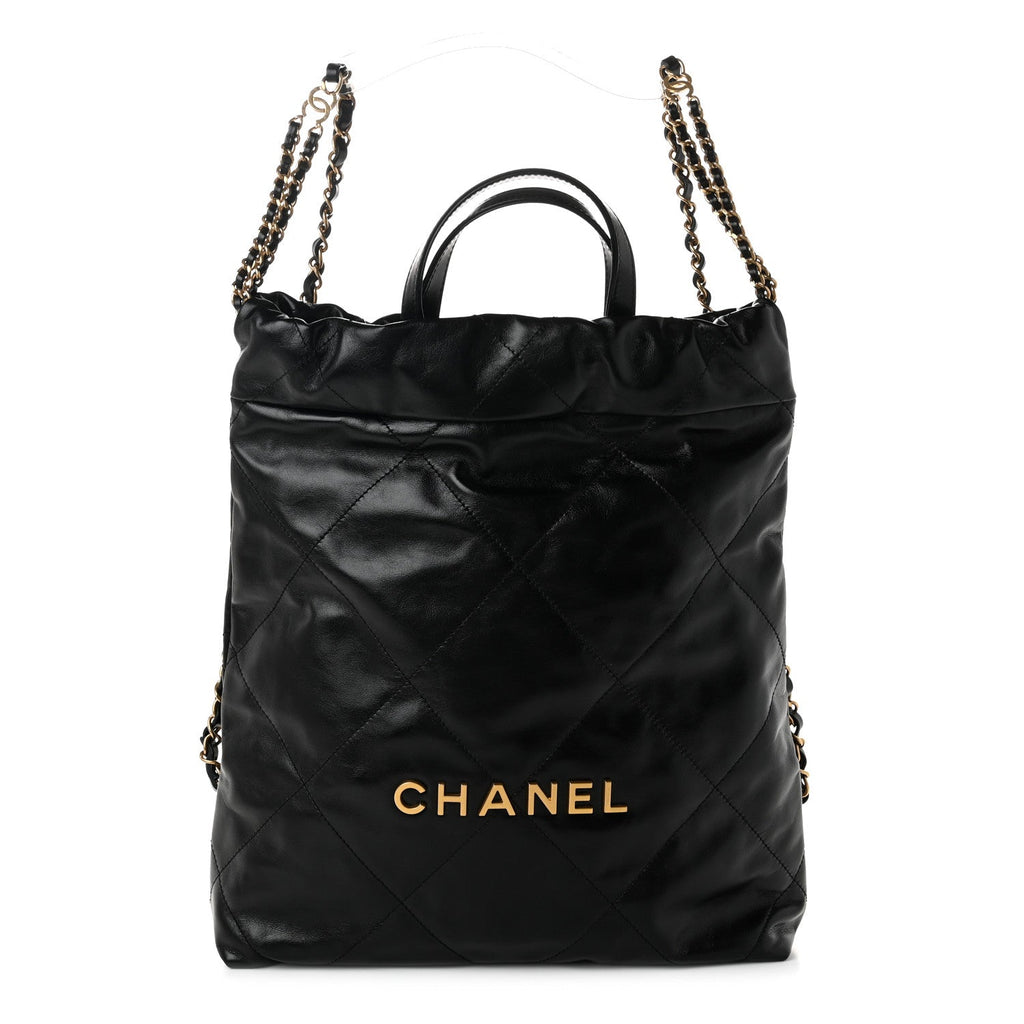 Shiny Calfskin Quilted Chanel 22 Backpack Black
