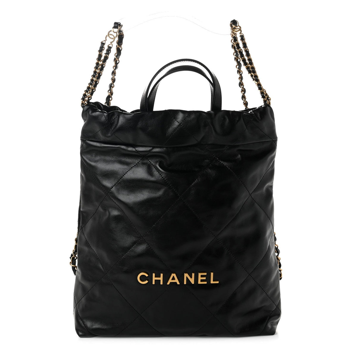 Shiny Calfskin Quilted Chanel 22 Backpack Black