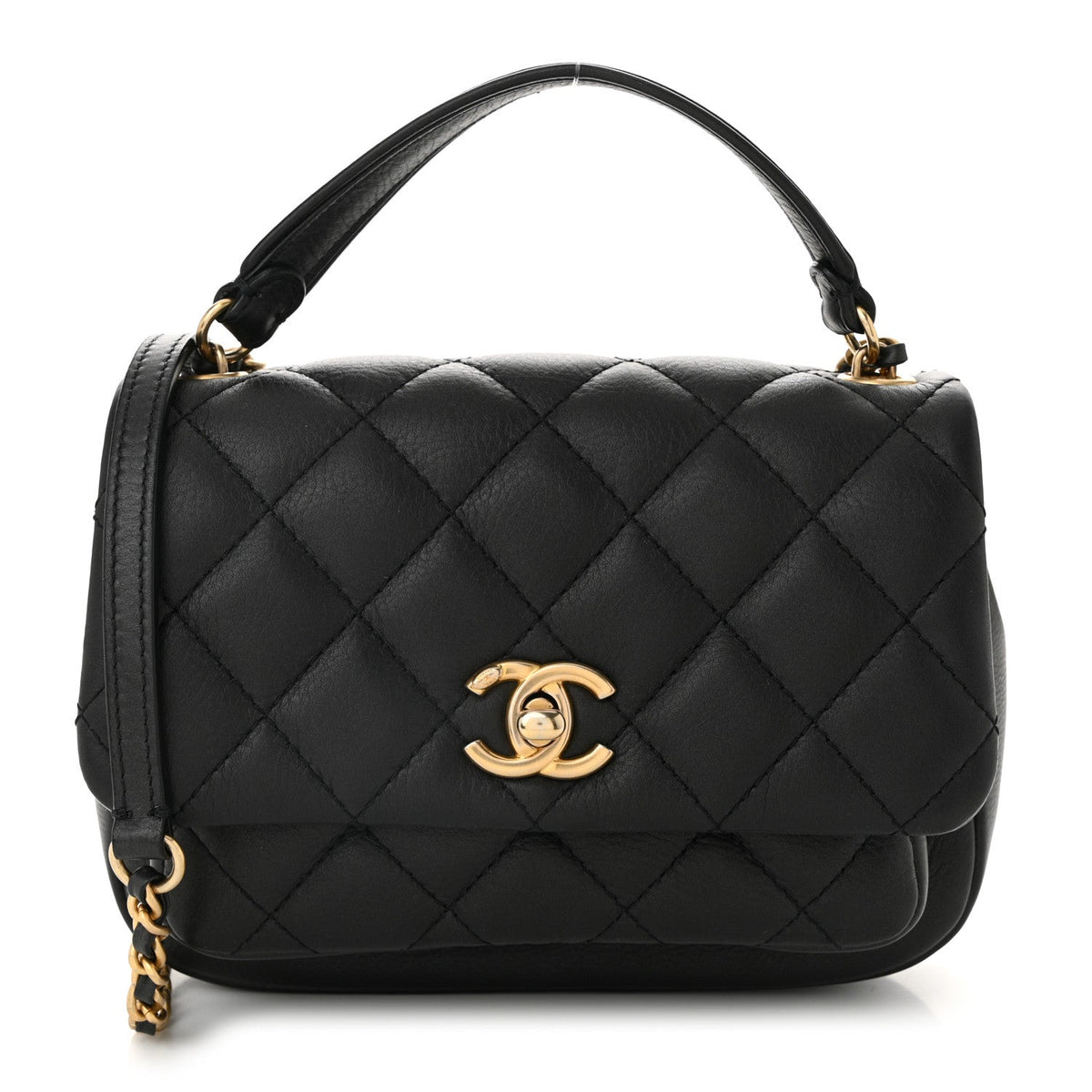 Calfskin Quilted Top Handle Flap Black