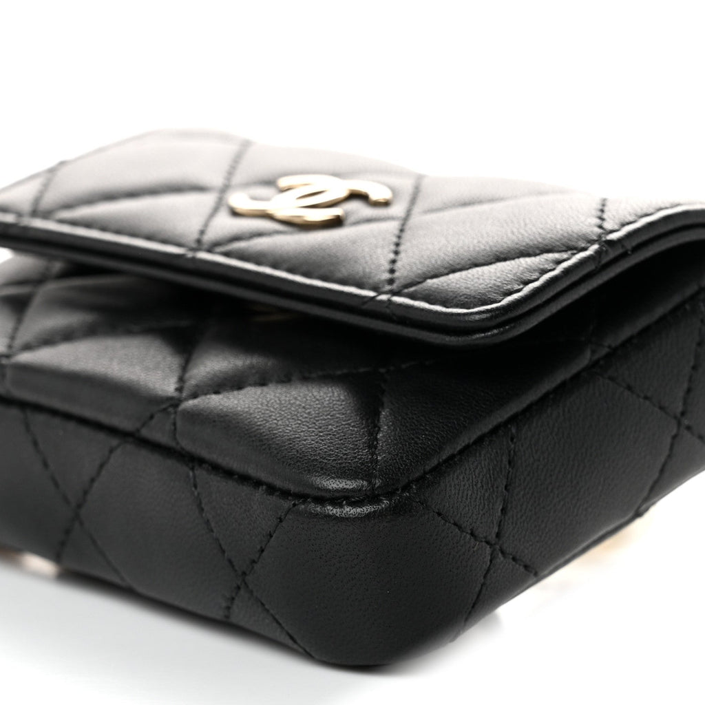 Lambskin Quilted Pearl Chain Belt Bag Black