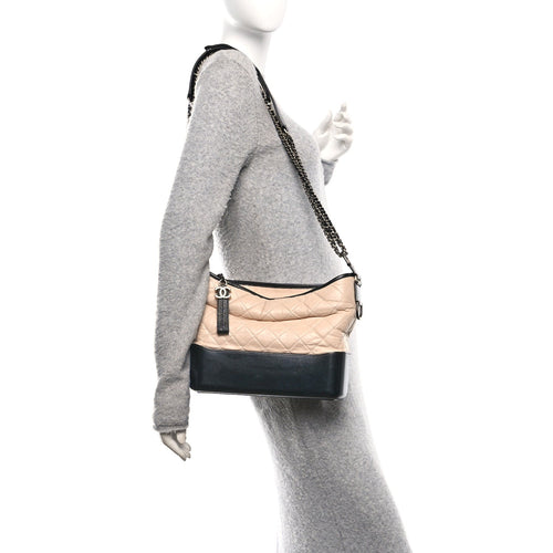 Aged Calfskin Quilted Medium Gabrielle Hobo Beige Black