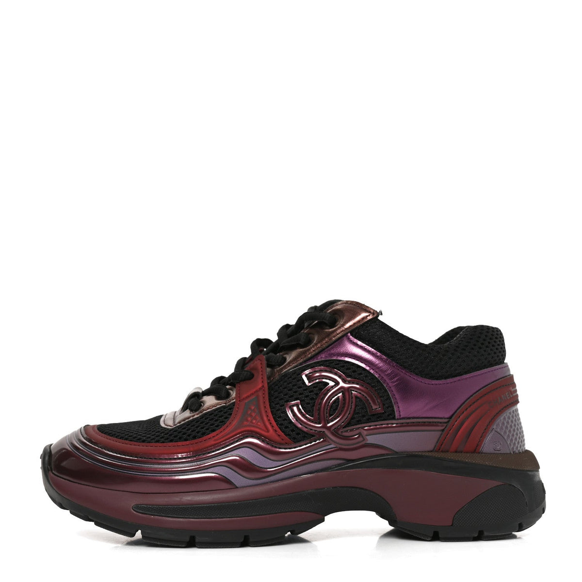 Fabric Laminated Calfskin Stretch CC Womens Sneakers 36 Black Purple Burgundy