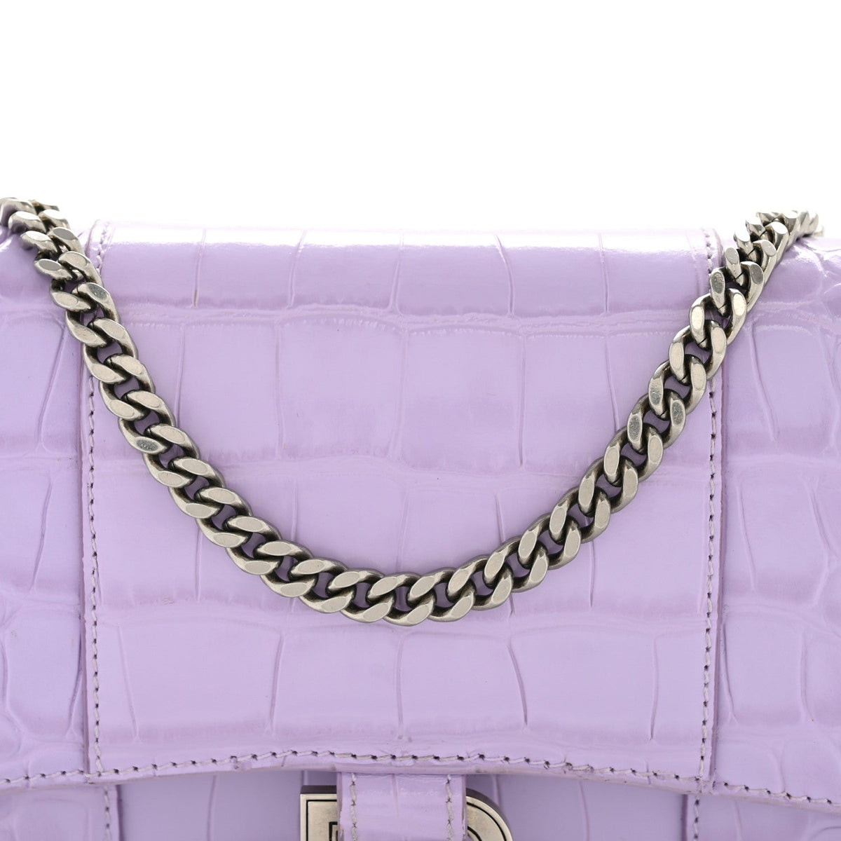 Shiny Calfskin Crocodile Embossed Hourglass Chain Bag Lilac