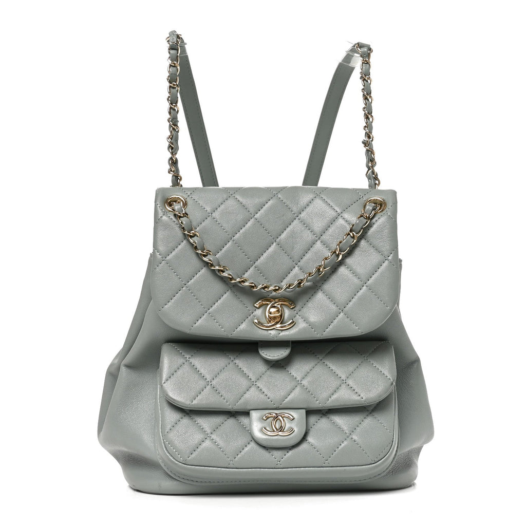 Lambskin Quilted Large Duma Drawstring Backpack Grey