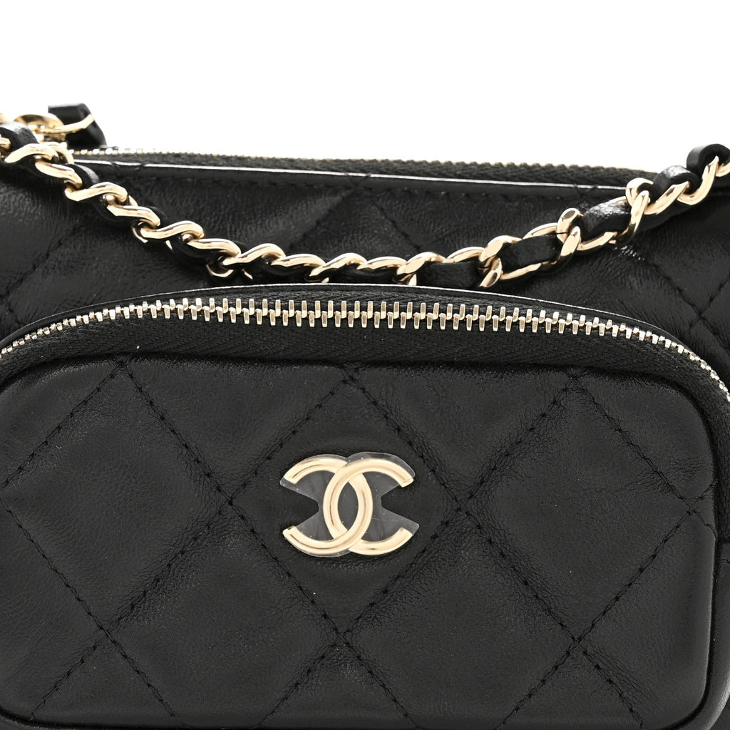 Shiny Crumpled Lambskin Quilted Mini Clutch With Chain Black
