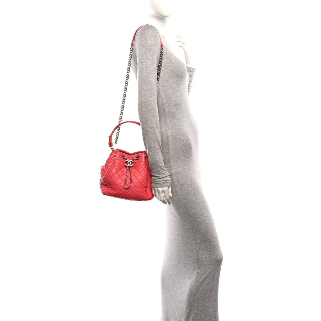 Lambskin Quilted Small CC Chain Drawstring Bucket Bag Red