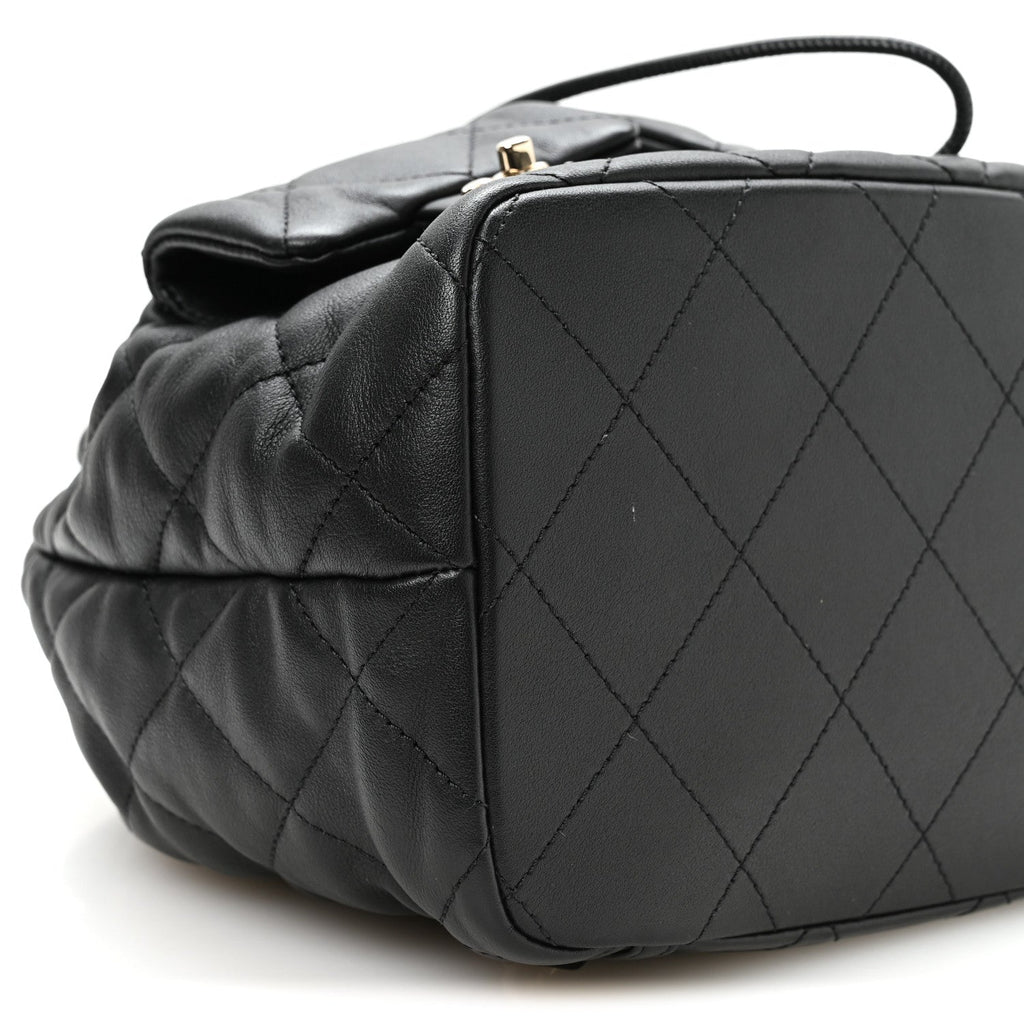Calfskin Quilted Double Pocket Drawstring Backpack Black