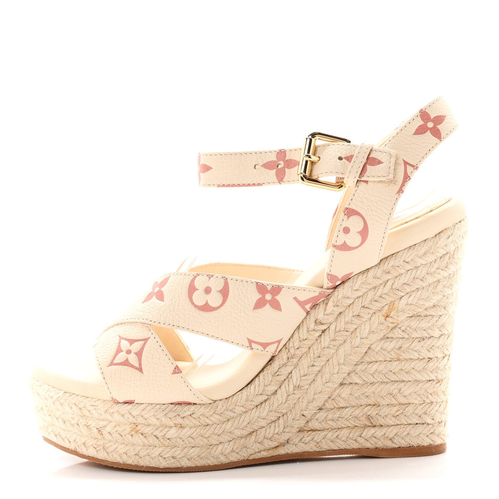Empreinte Monogram Starboard Espadrille Wedge Sandals 37 Creme Rose Trianon