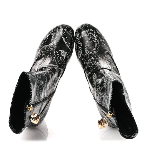 Calfskin Camellia Printed Ankle Boots 38.5 Black White