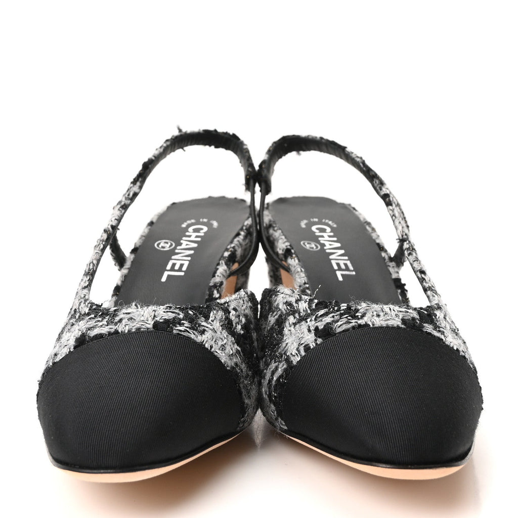 Tweed Grosgrain Cap Toe CC Slingback Pumps 41.5 Black Grey