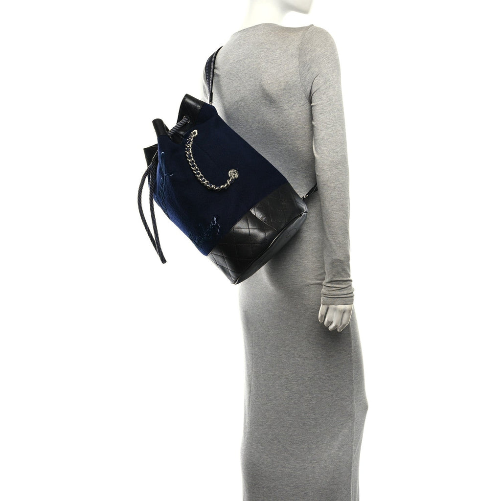 Wool Calfskin Embroidered Paris Hamburg Drawstring Backpack Navy Blue