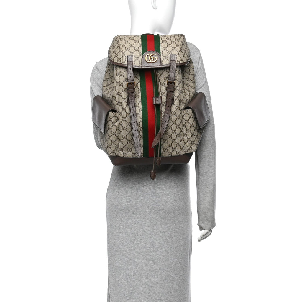 GG Supreme Monogram Medium Ophidia Double Buckle Backpack Brown