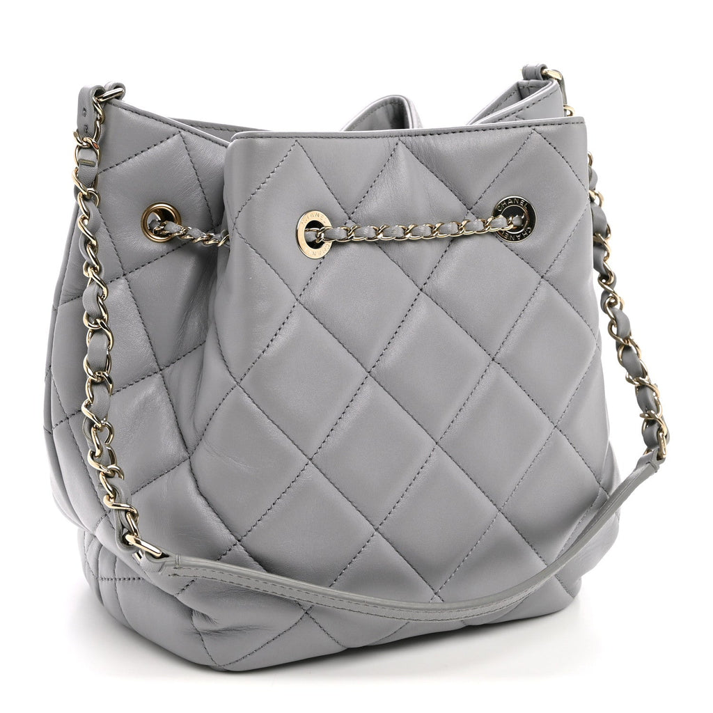Lambskin Quilted CC Dweller Drawstring Bucket Bag Light Grey